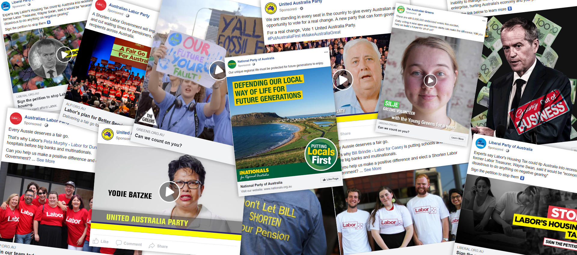 A selection of the Facebook ads being run by parties in the lead-up to the Federal Election.